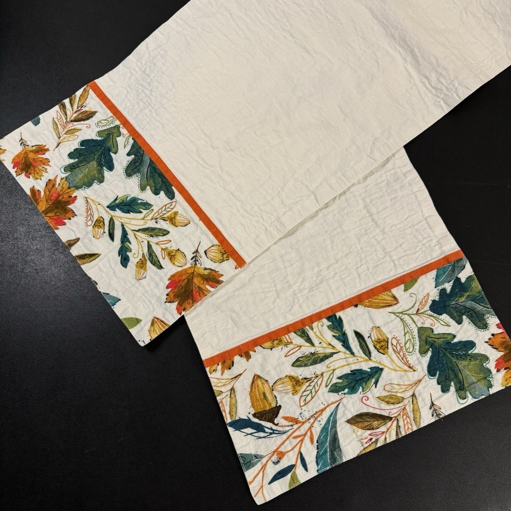 At Home Fall Botanical Oak Leaf Acorn Cotton Table Runner Cream Orange Green